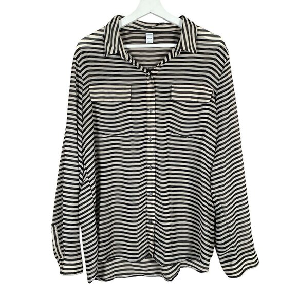 Old Navy Chiffon Button Down Shirt XL Semi Sheer Parisian Breton Striped Blouse - Picture 1 of 13